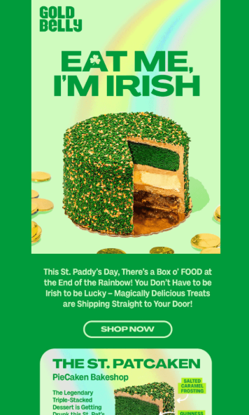 St. Patrick's day email from Gold Belly titled "Eat Me, I'm Irish"